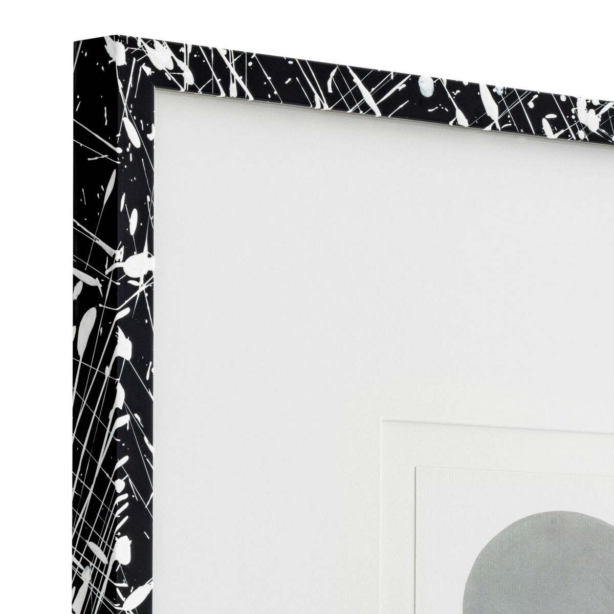 Black artistic wooden frame containing minimalist prints