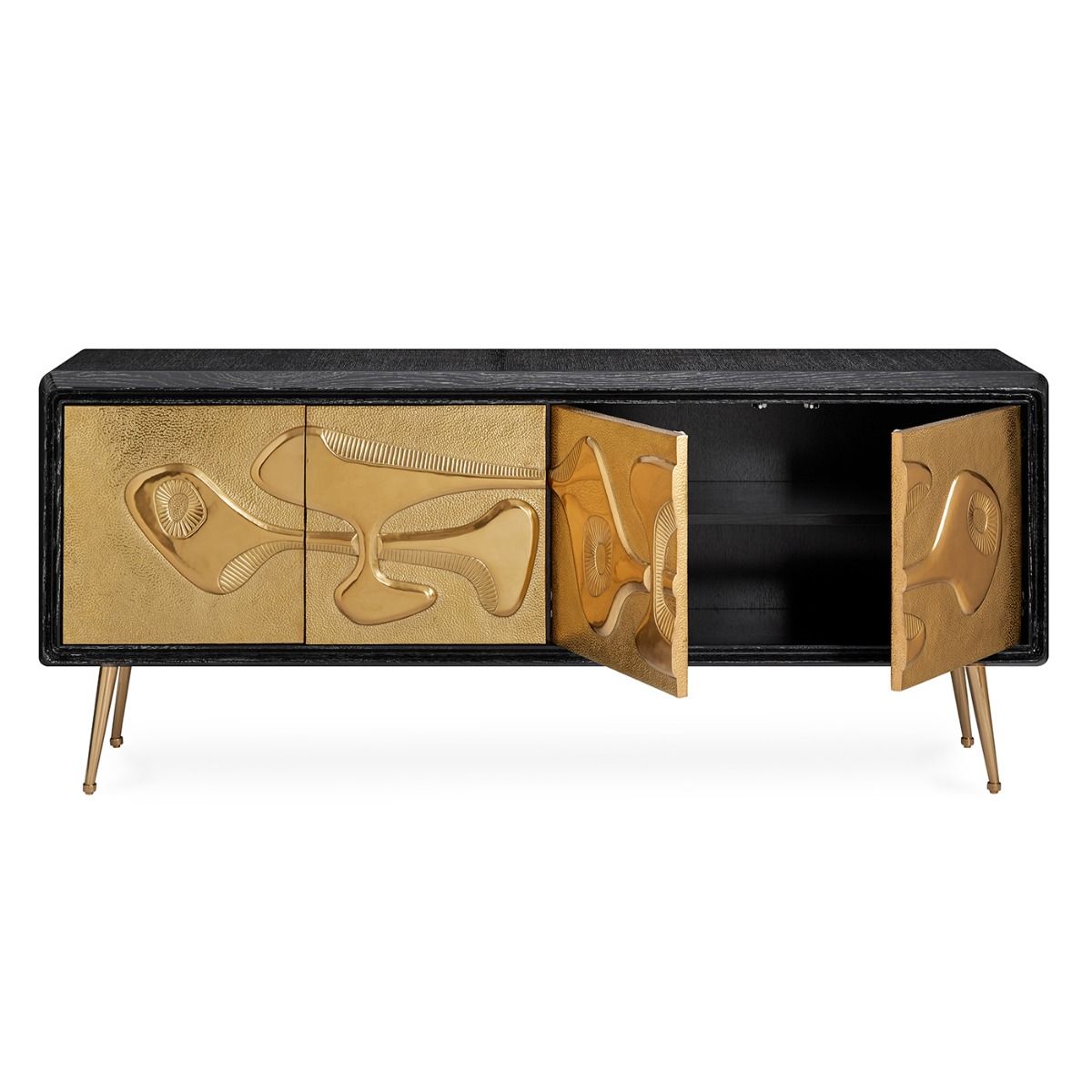 A brutalist inspired black and hand-hammered brass credenza 