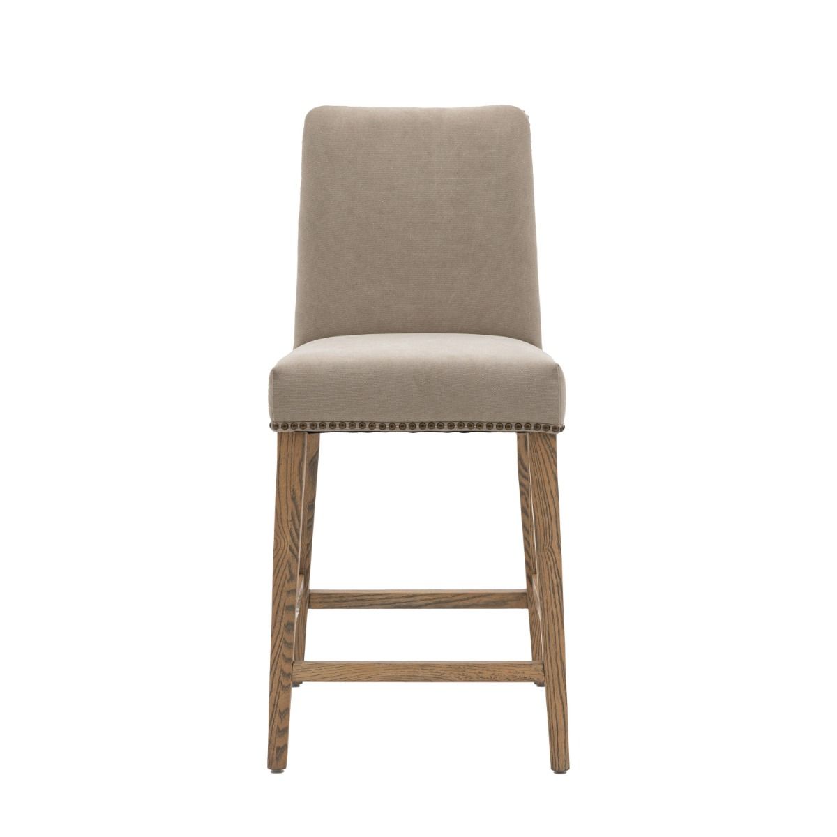 Bar stool with wood frame and upholstered seats finished with luxury brass studs