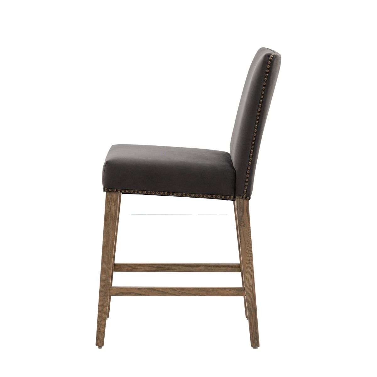 Bar stool with wood frame and upholstered seats finished with luxury brass studs