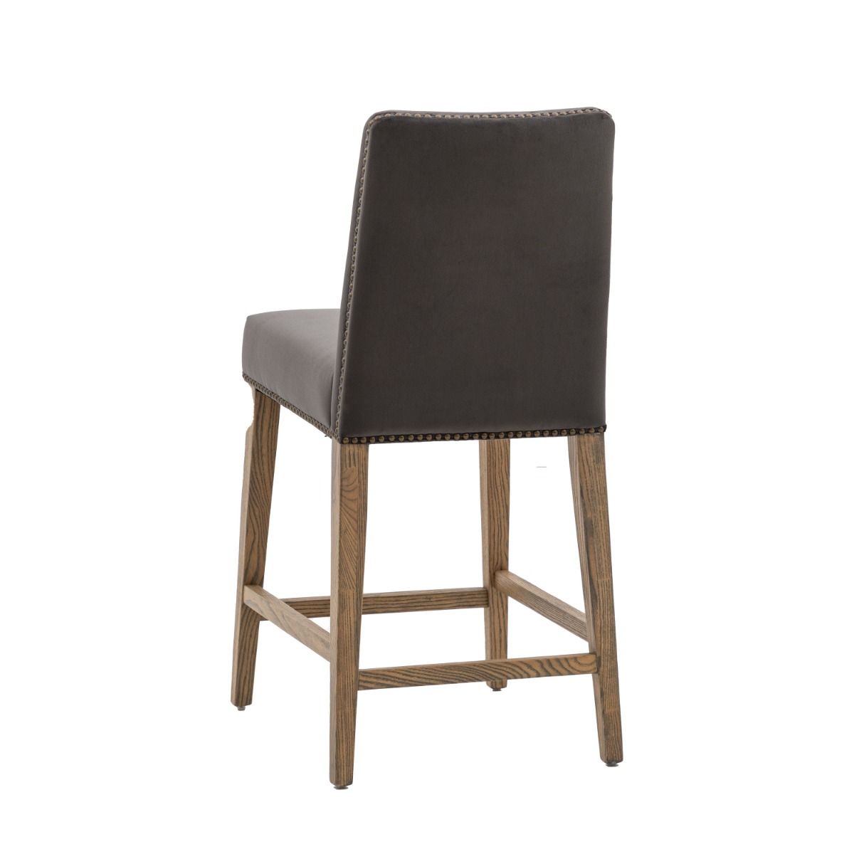 Bar stool with wood frame and upholstered seats finished with luxury brass studs