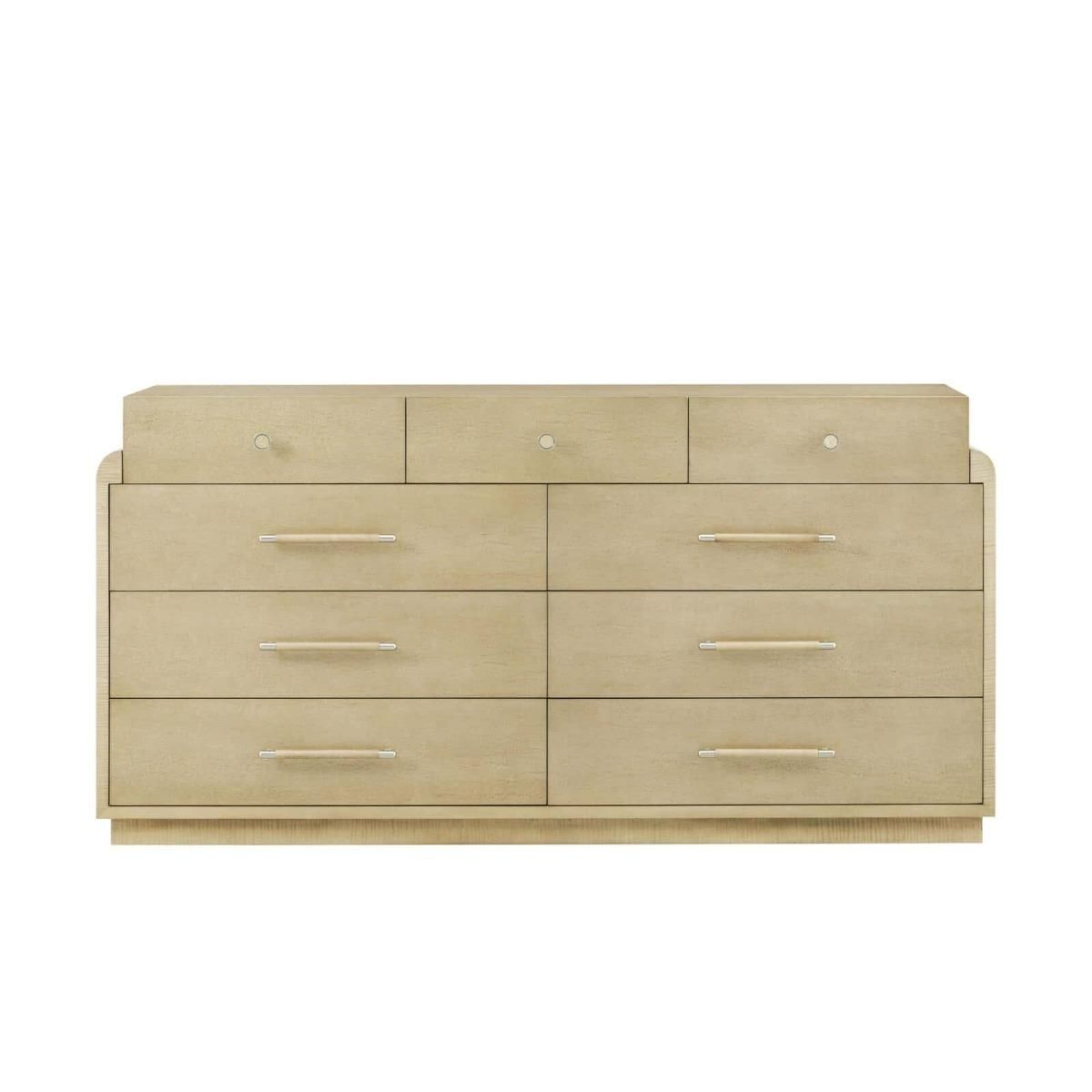 Chest of drawers with six large drawers and three small ones, finished in natural light wood with a curved silhouette
