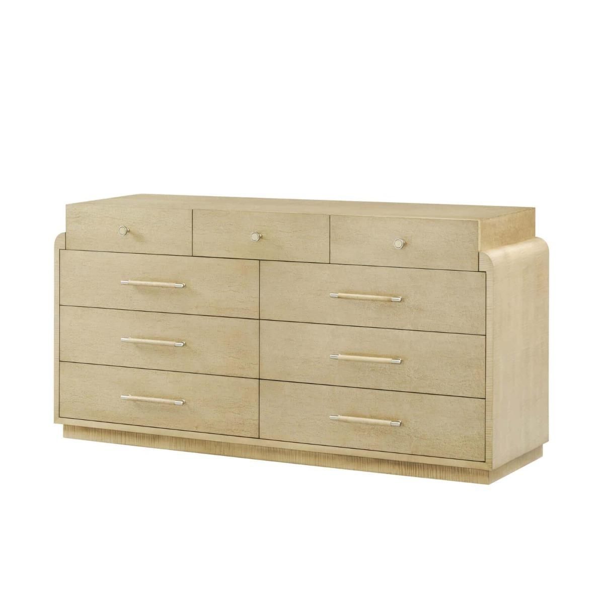 Chest of drawers with six large drawers and three small ones, finished in natural light wood with a curved silhouette