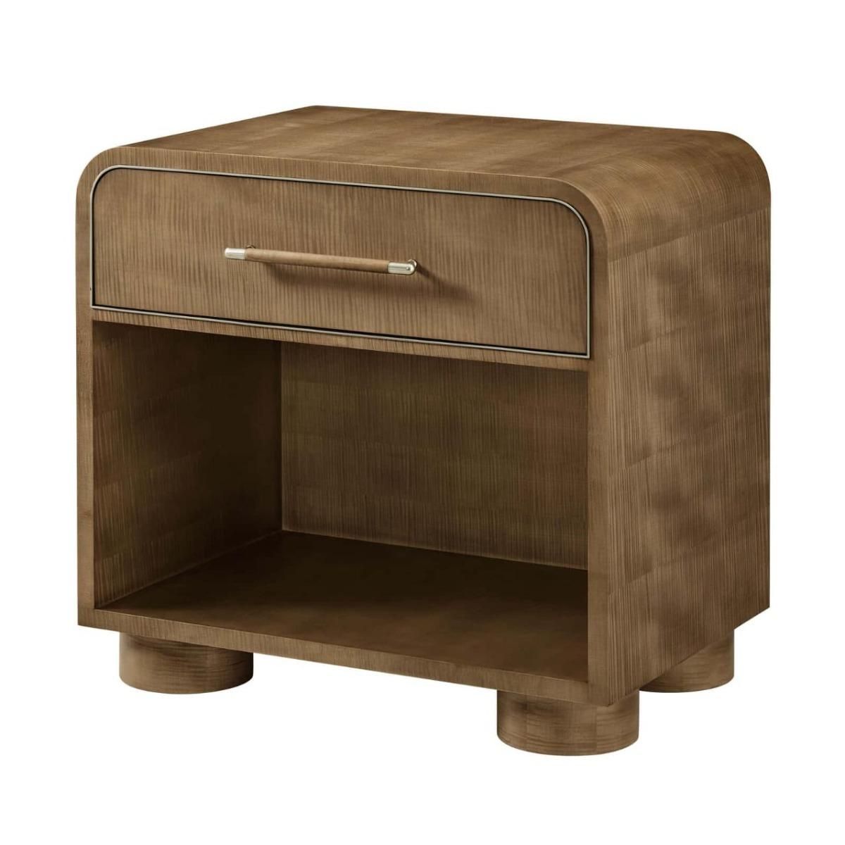 Rounded bedside table with an open cubby and one drawer, dark wood finish