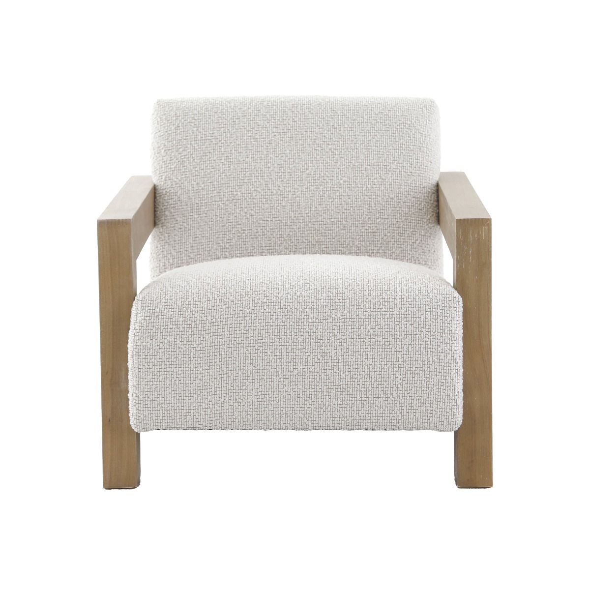 The Abbey Accent Chair, with its solid oak frame and plush cream boucle upholstery, offers both comfort and elegance, making it the perfect addition to any living room.
