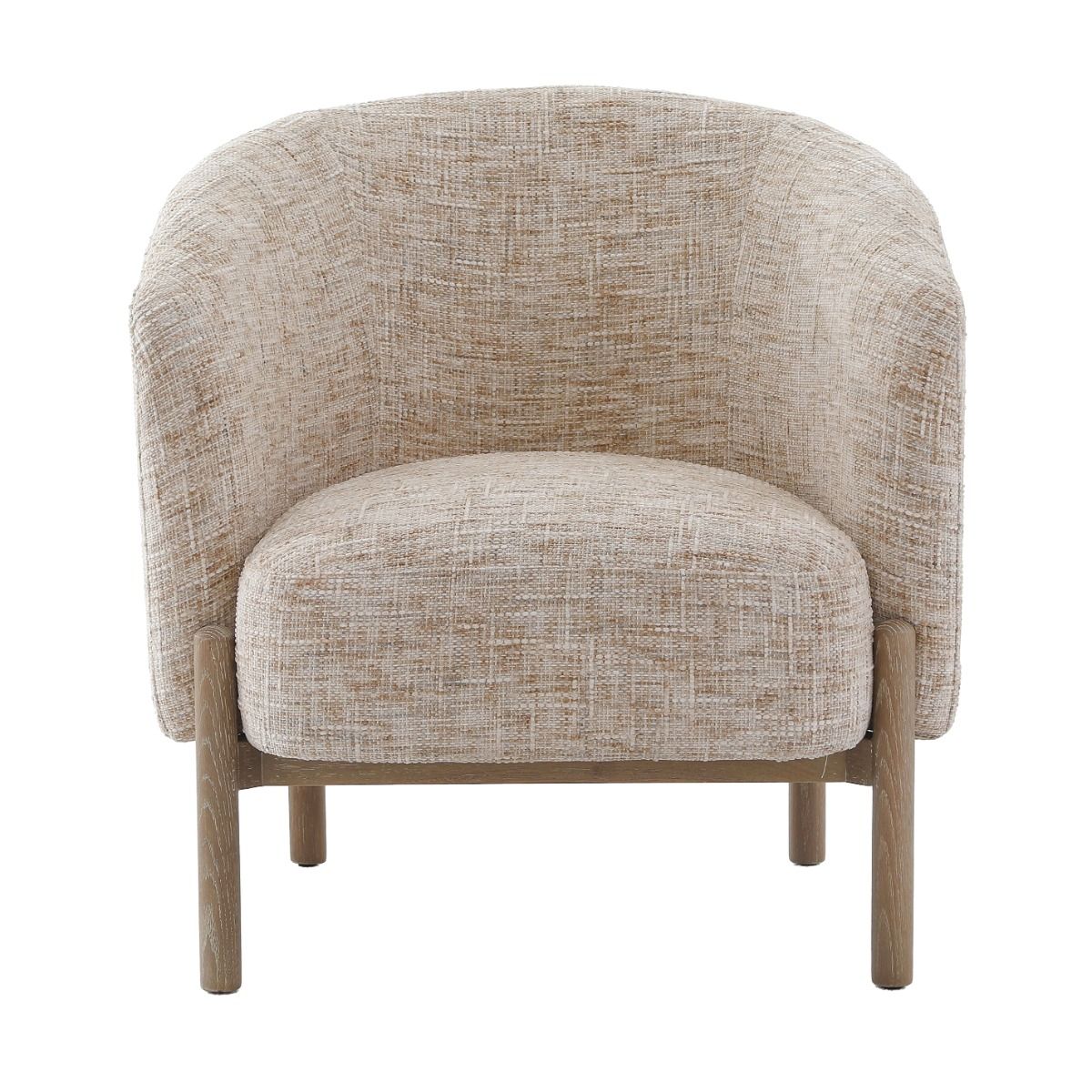 The Banbury Accent Chair, with its curved upholstered back, brass detailing, and natural linen fabric, adds refined elegance to any interior.