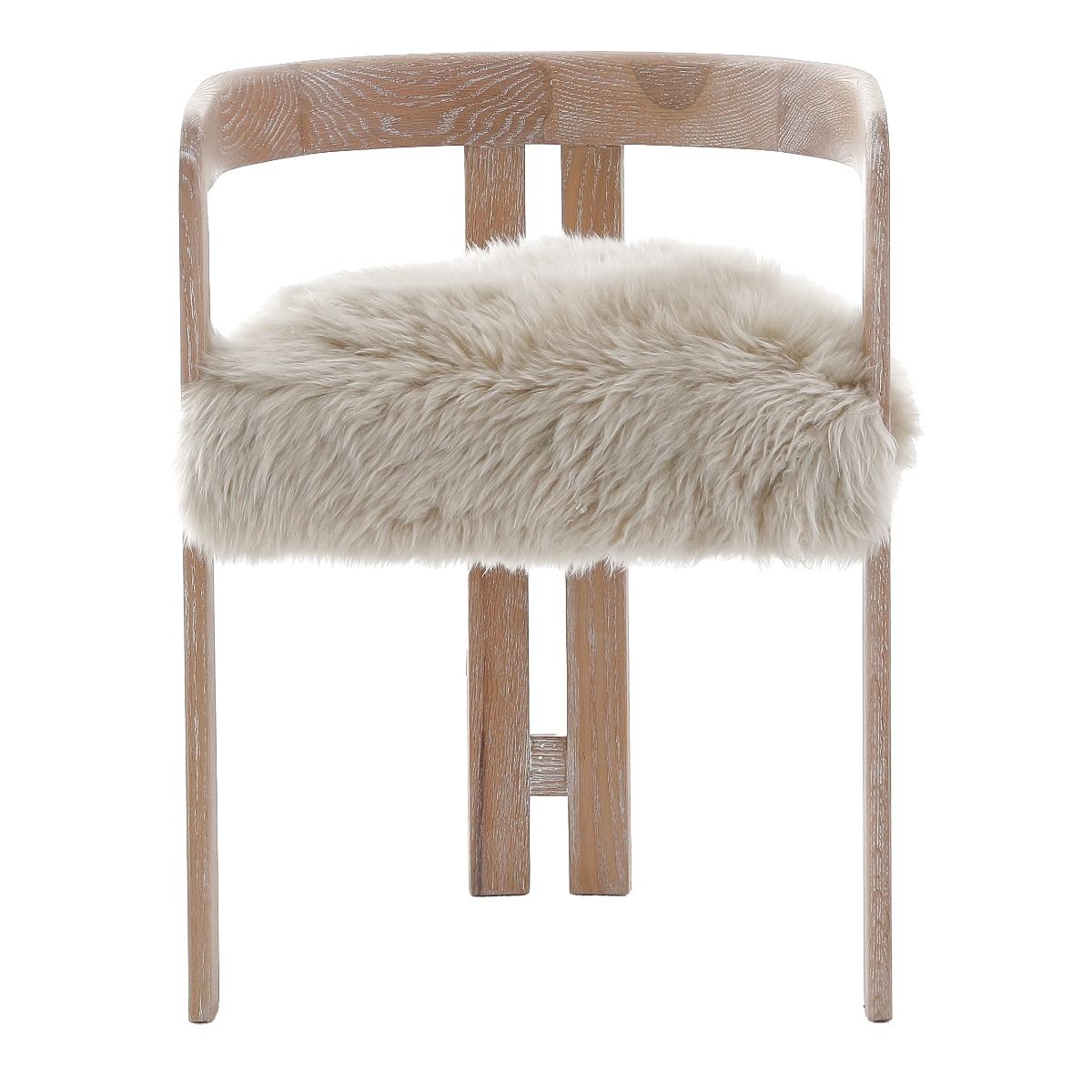 The Baaarb Dining Chair, with its real cream sheepskin seat and solid oak frame, exudes luxurious contemporary style and texture, making it a striking addition to any dining space.