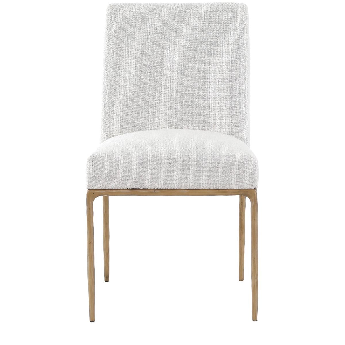 The Sloane Dining Chair, with its brass gold metal legs and off-white C0 fabric upholstery, effortlessly adds a chic mid-century modern touch to any dining space.