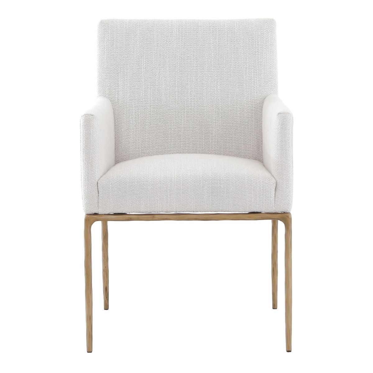 The Sloane Dining Armchair combines mid-century modern elegance with forged brass gold legs and off-white C0 fabric upholstery, offering both style and comfort.