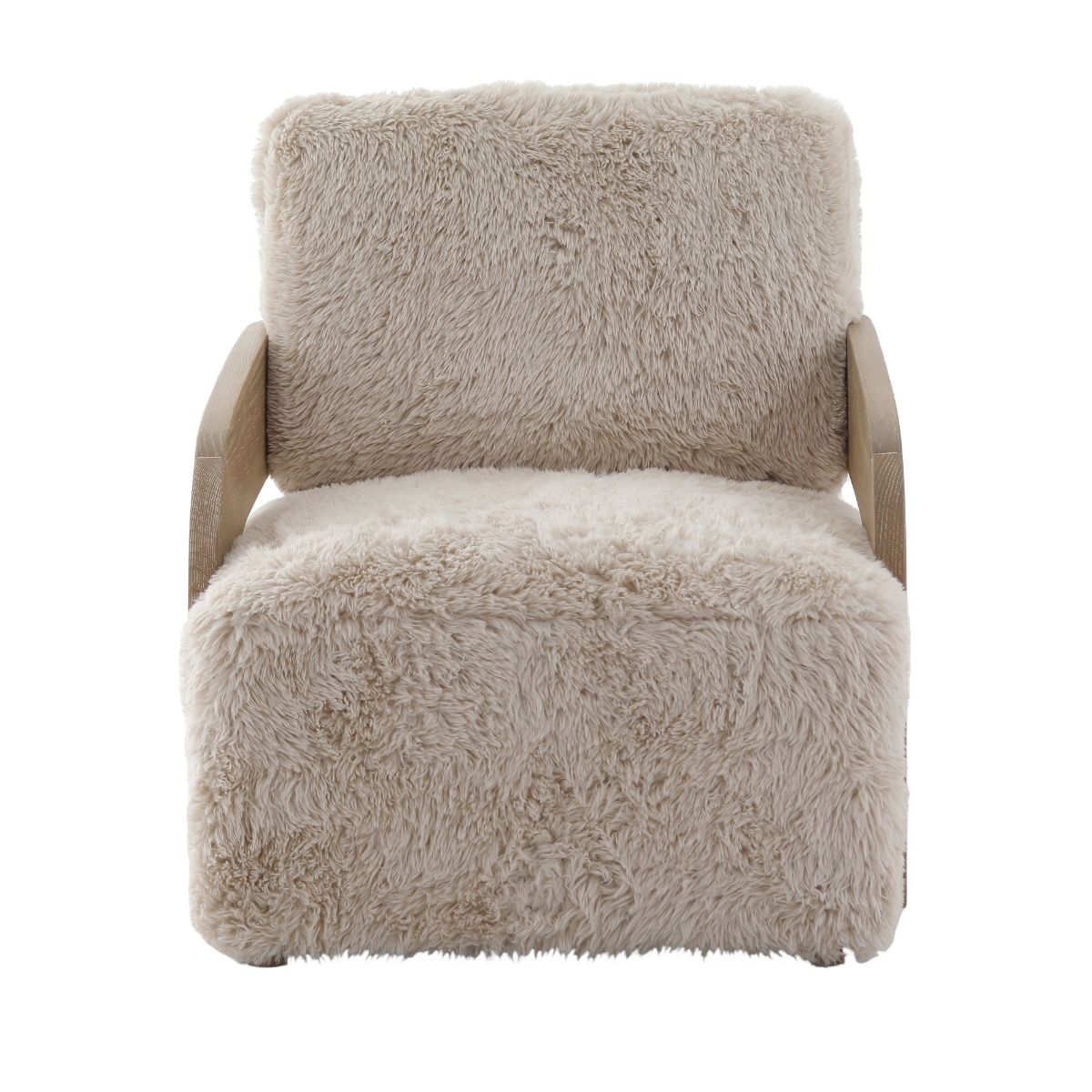 The Winnie Accent Chair, with its solid oak frame and sand-coloured faux fur upholstery, offers a cocoon of comfort and refined elegance