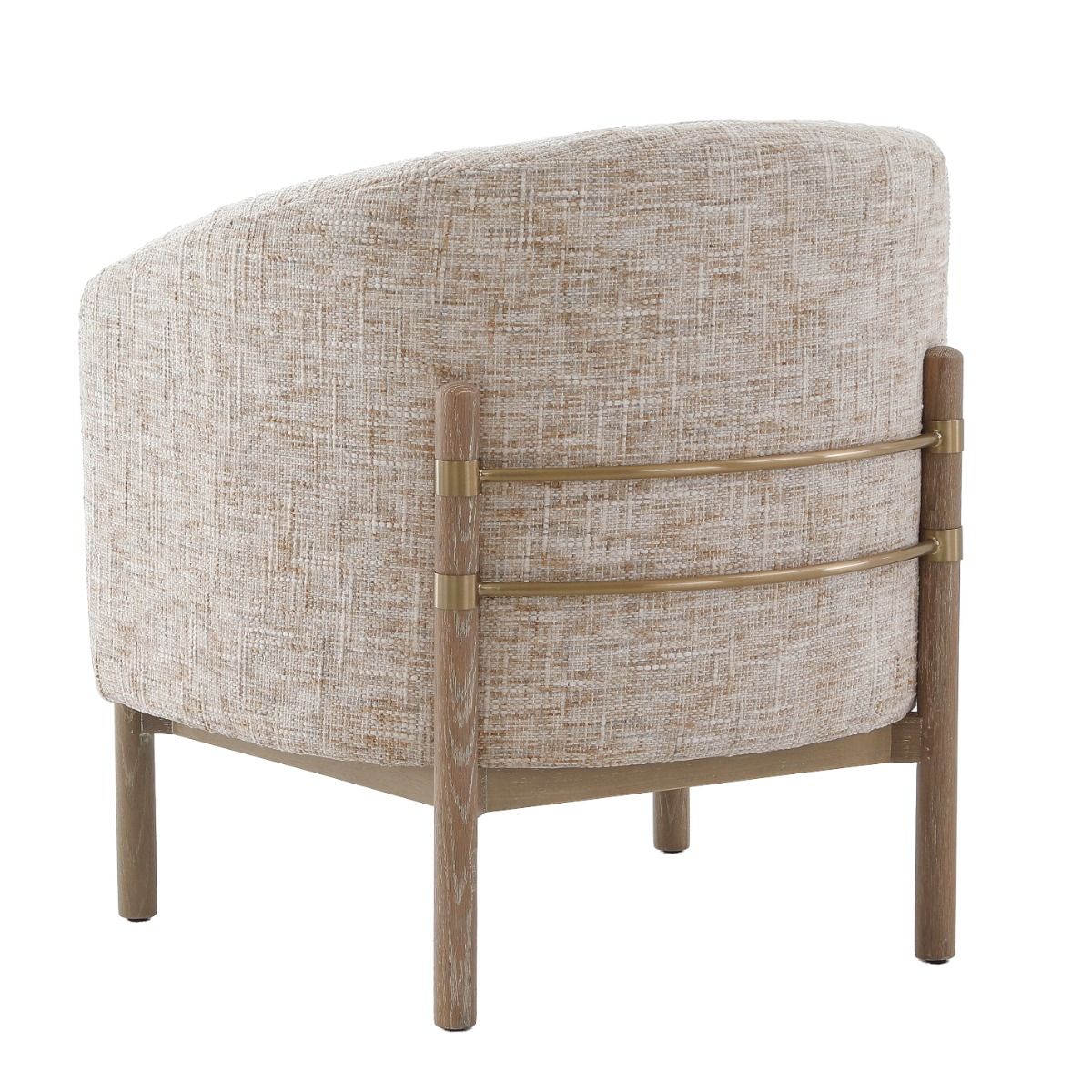 The Banbury Accent Chair, with its curved upholstered back, brass detailing, and natural linen fabric, adds refined elegance to any interior.