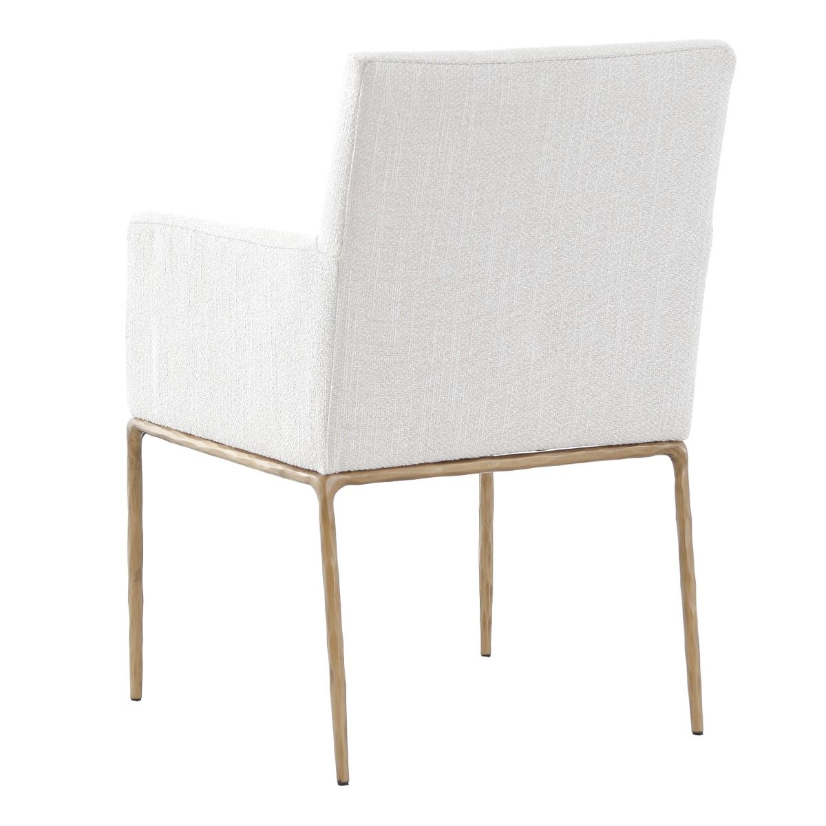 The Sloane Dining Armchair combines mid-century modern elegance with forged brass gold legs and off-white C0 fabric upholstery, offering both style and comfort.