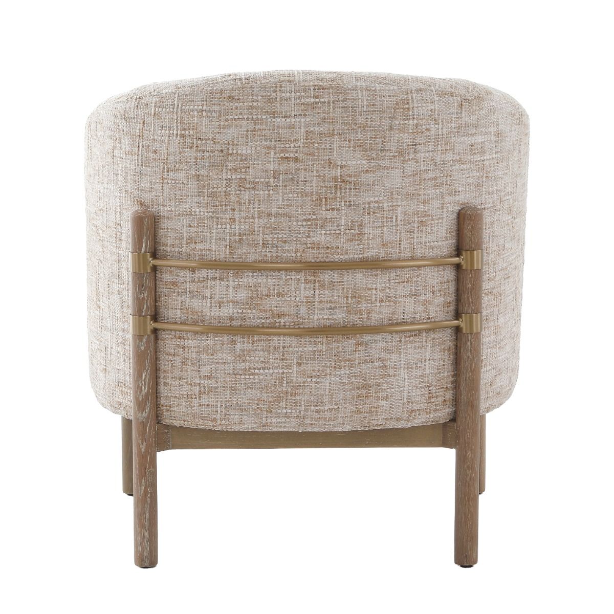 The Banbury Accent Chair, with its curved upholstered back, brass detailing, and natural linen fabric, adds refined elegance to any interior.