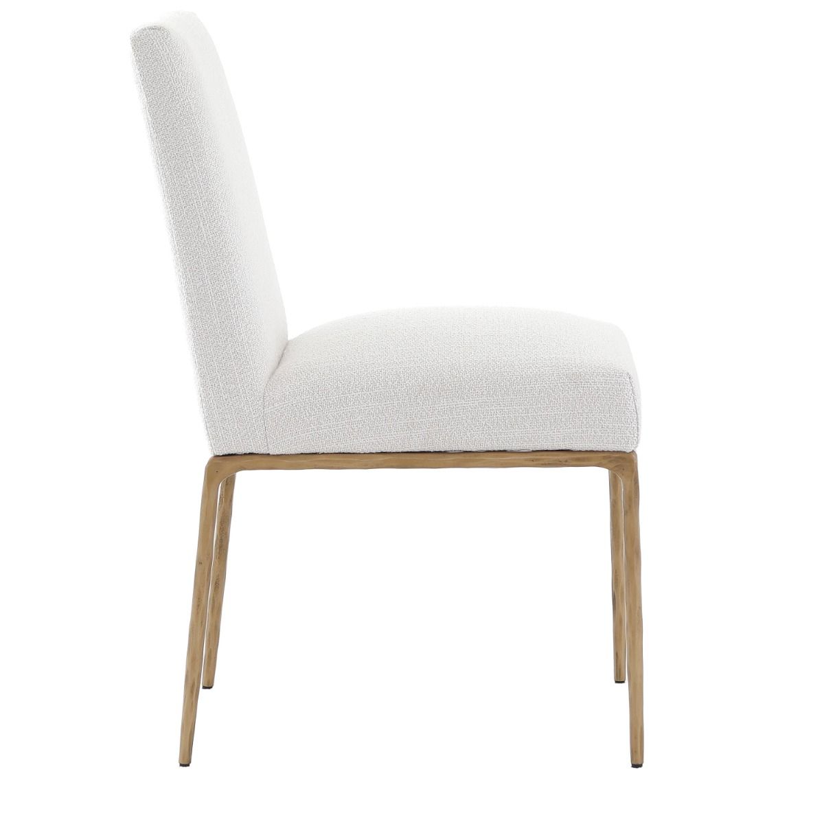 The Sloane Dining Chair, with its brass gold metal legs and off-white C0 fabric upholstery, effortlessly adds a chic mid-century modern touch to any dining space.