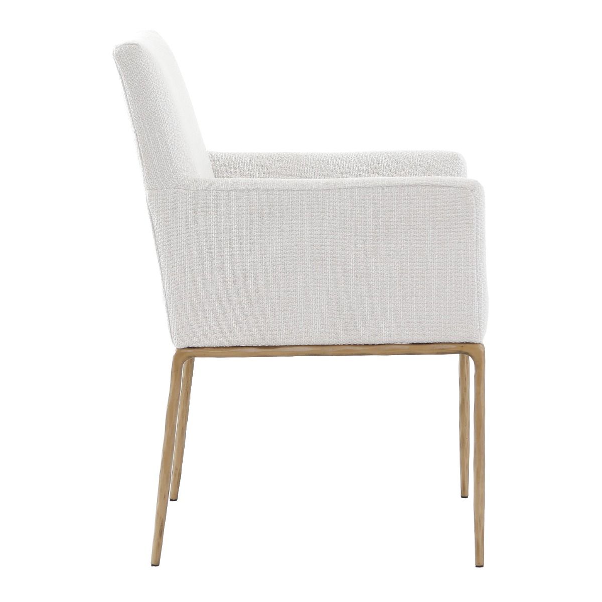 The Sloane Dining Armchair combines mid-century modern elegance with forged brass gold legs and off-white C0 fabric upholstery, offering both style and comfort.