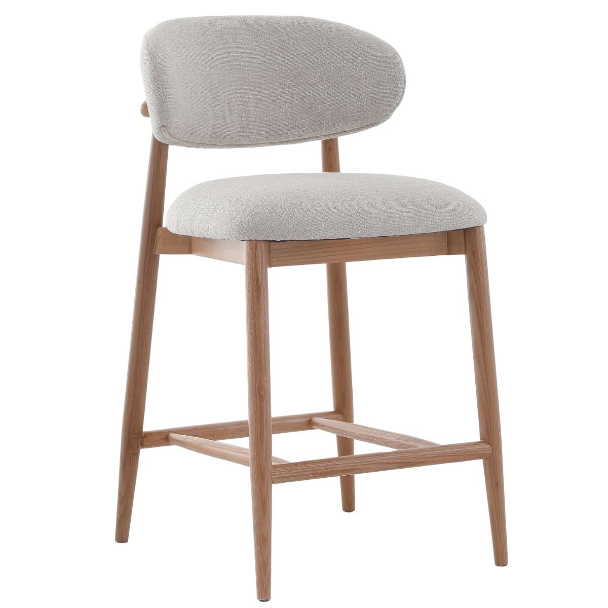 The Blockley counter stool, with its sleek curves, premium linen upholstery, and solid oak frame, adds modern style and durability to any kitchen, complemented by a matching Dining Chair.