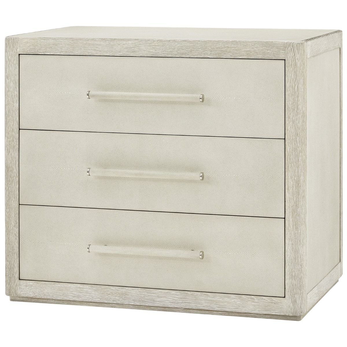 Three drawer bedside table in light wood
