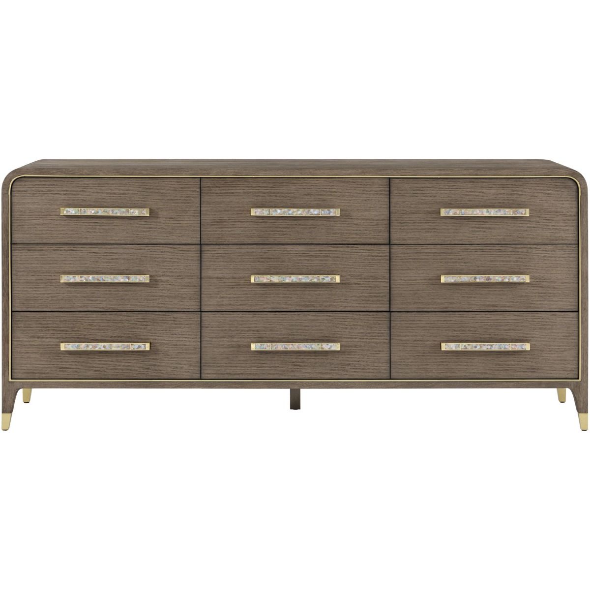 9 drawer chest of drawers in dark finish wood with curved silhouette