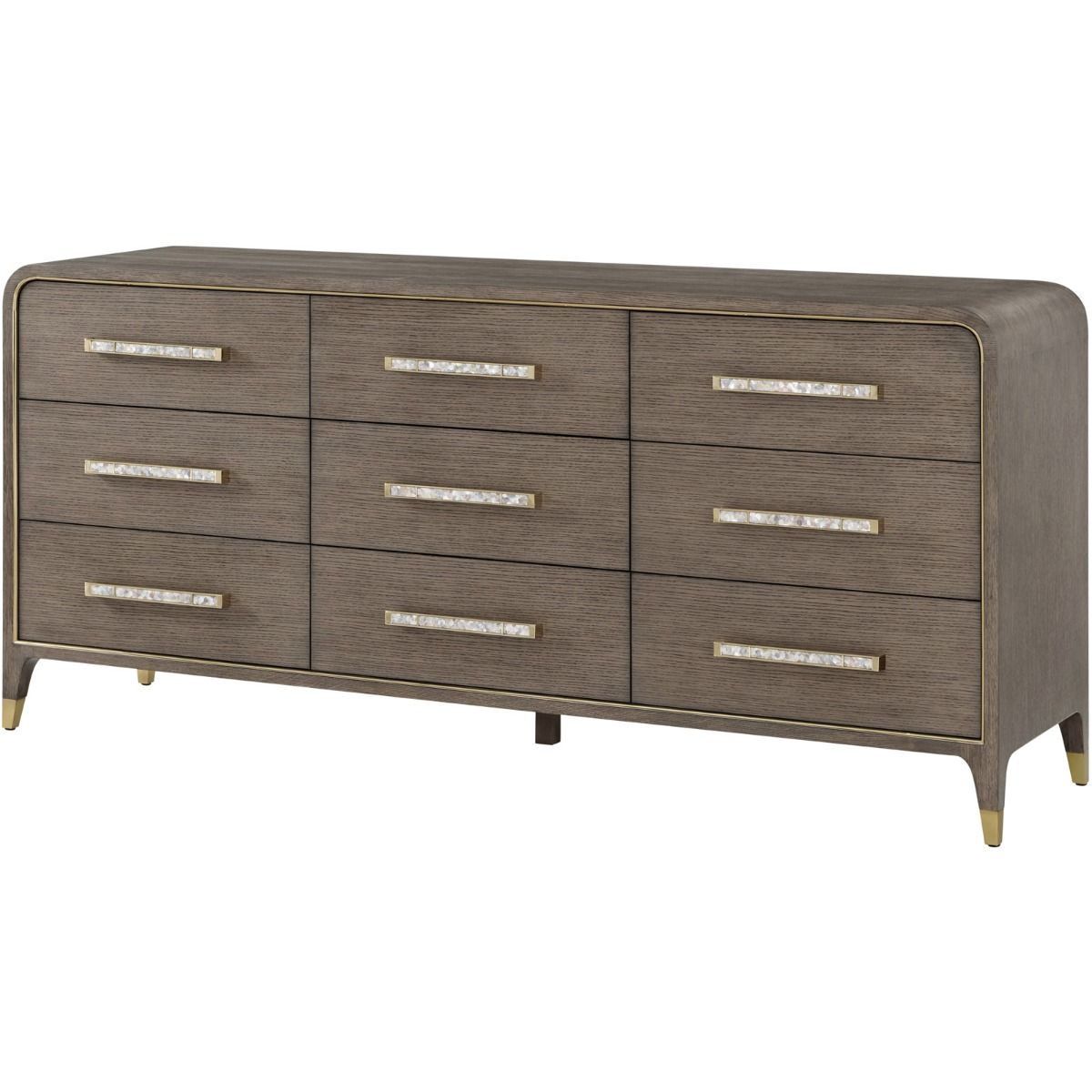 9 drawer chest of drawers in dark finish wood with curved silhouette