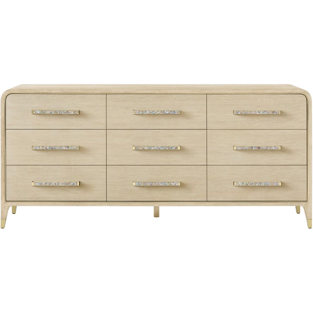 9 drawer chest of drawers in pale wood with curved silhouette