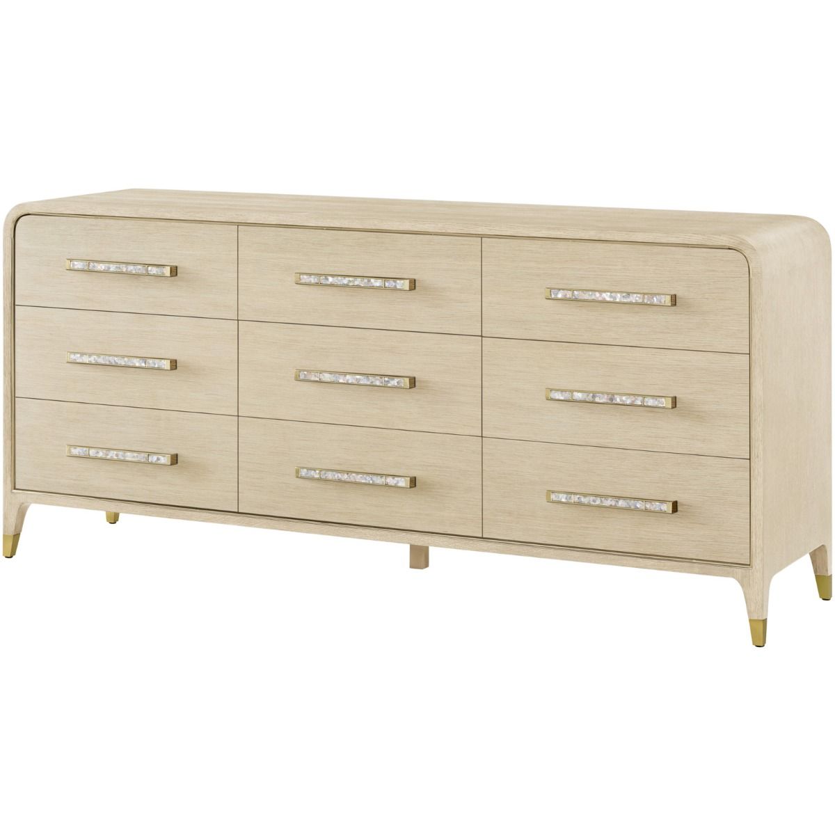 9 drawer chest of drawers in pale wood with curved silhouette