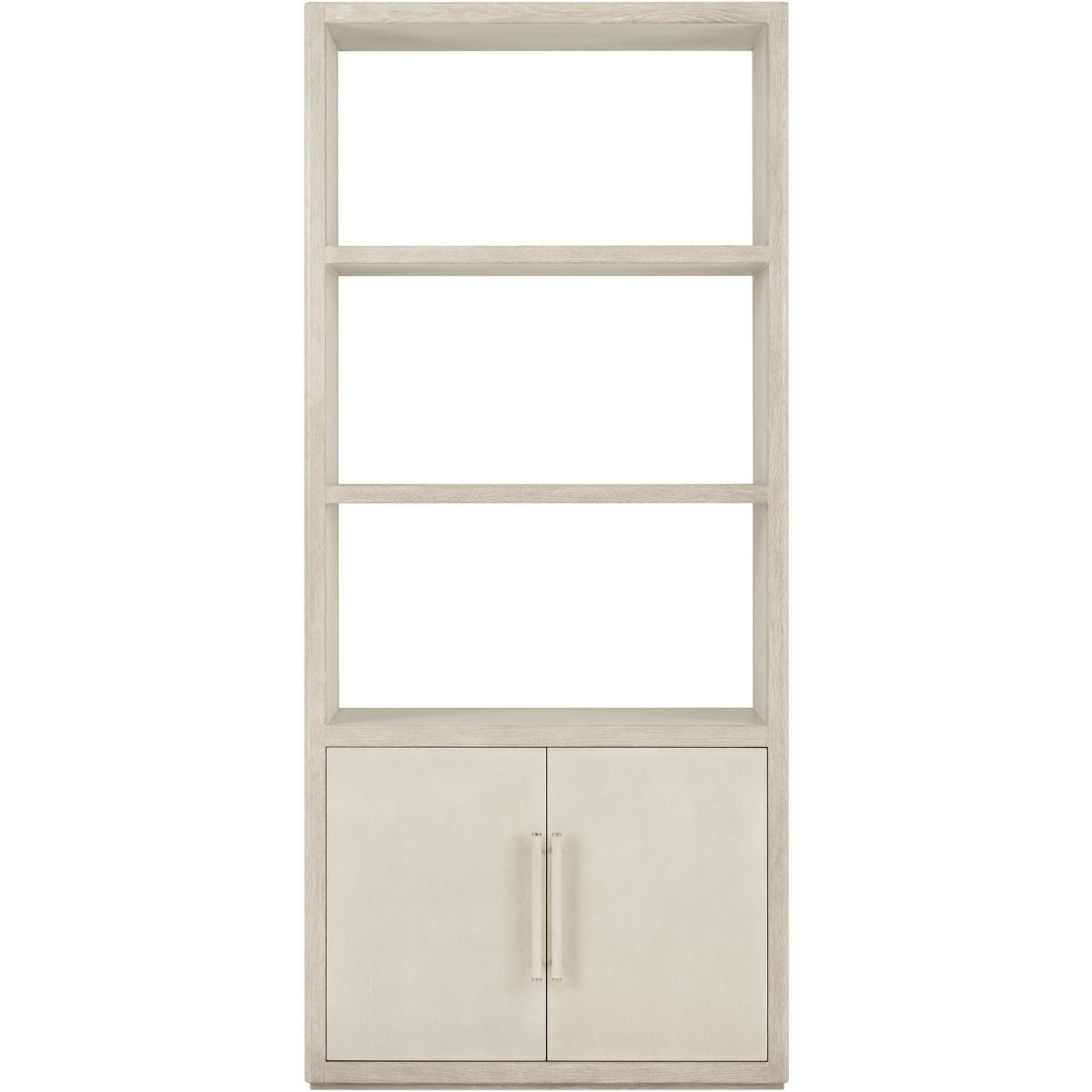 Pale white wood bookcase with lower cupboard and two shelves