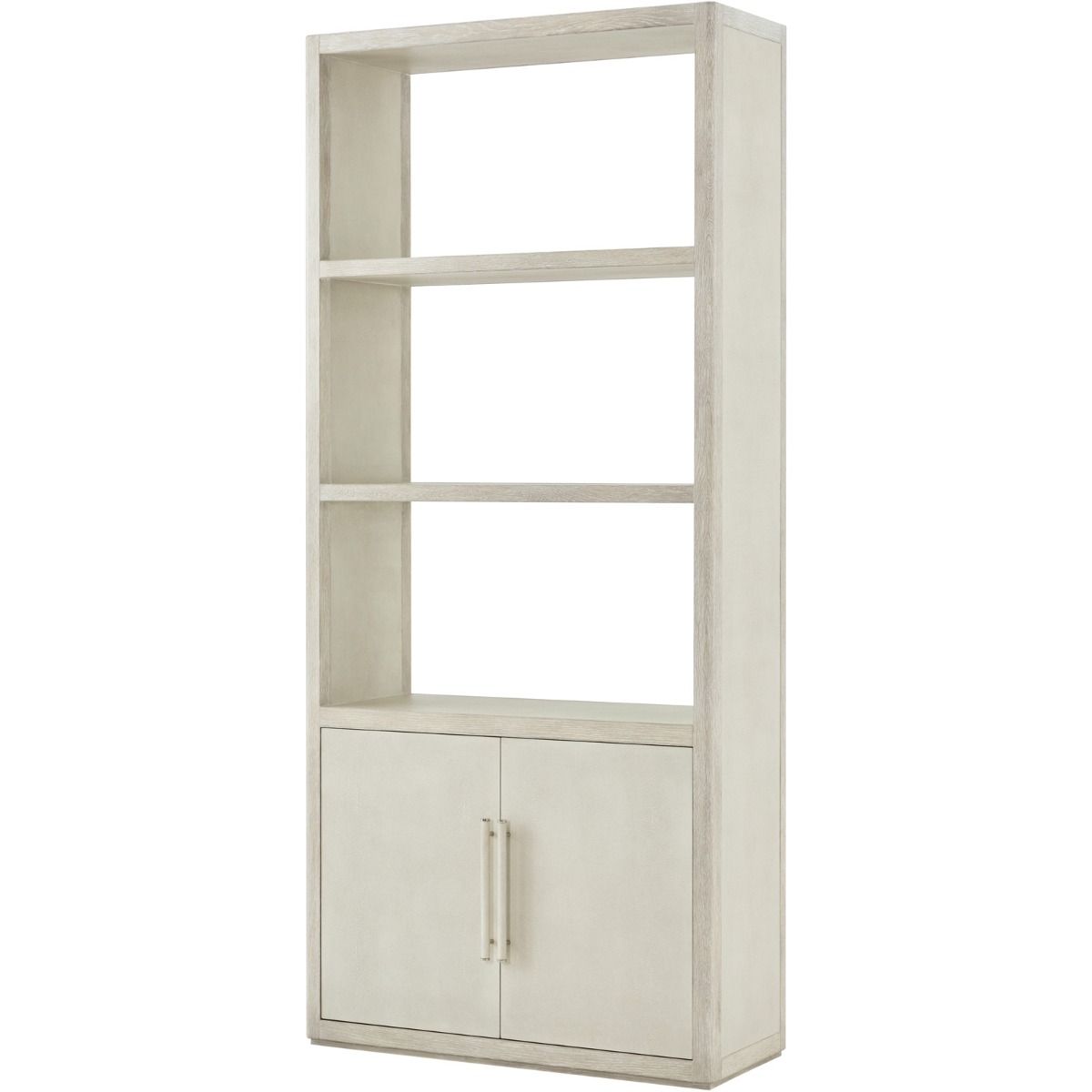 Pale white wood bookcase with lower cupboard and two shelves