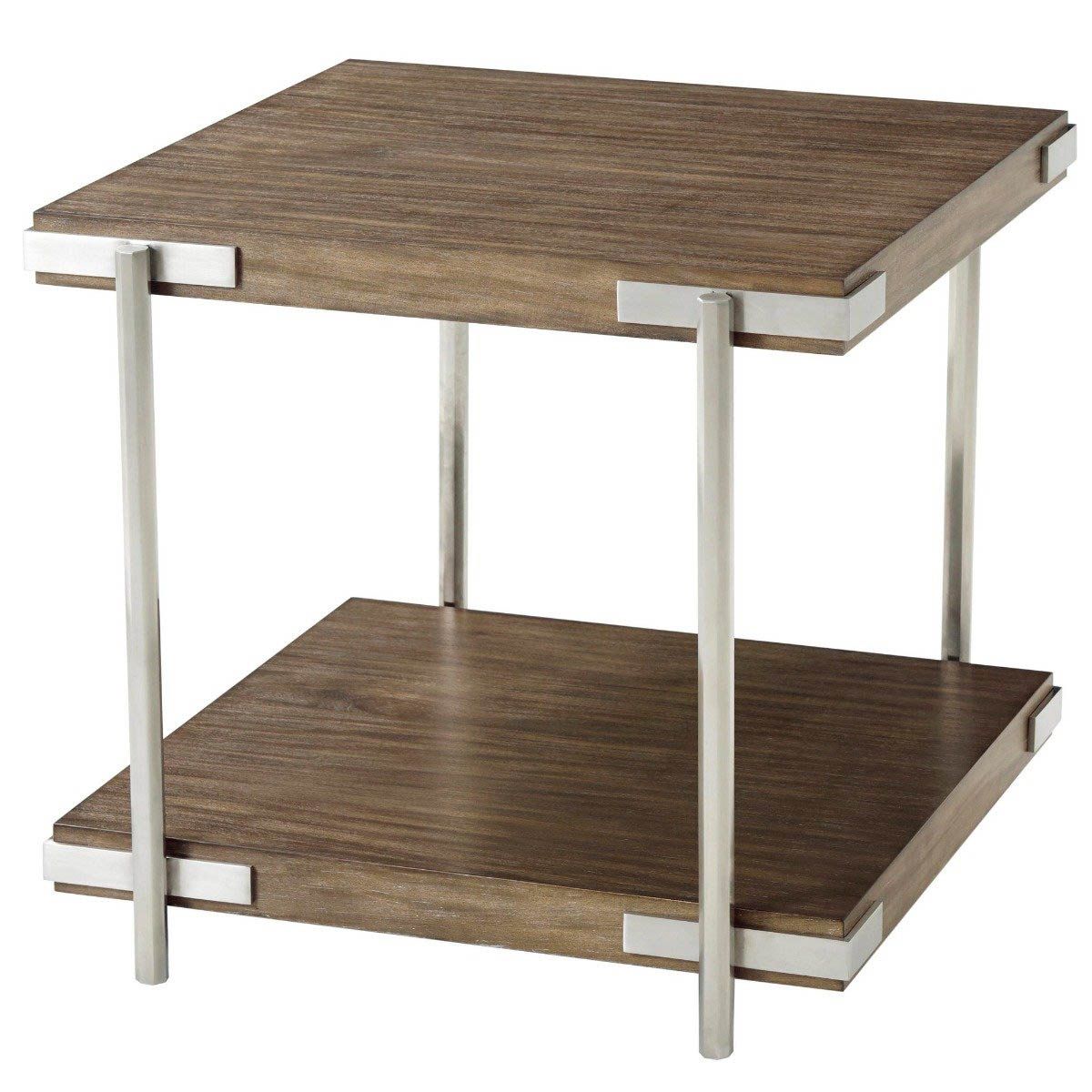 Brown wooden side table with metal legs and accents