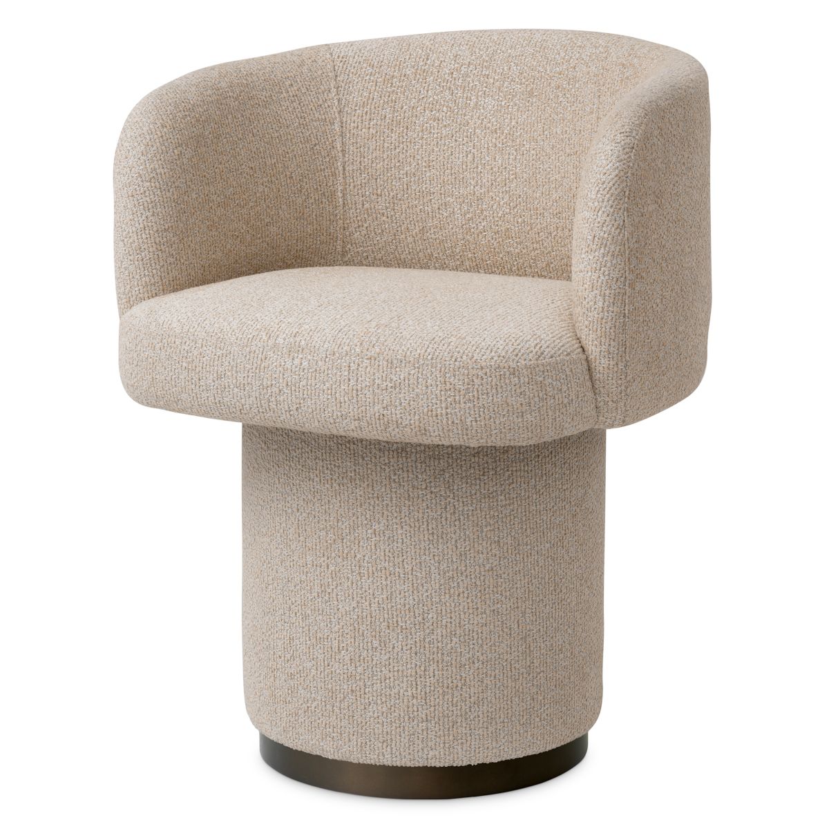 A stylish dining chair with a luxury beige upholstery and unique silhouette