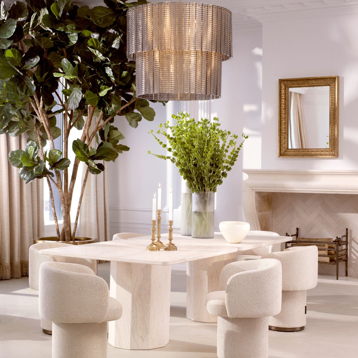 A stylish dining chair with a luxury beige upholstery and unique silhouette