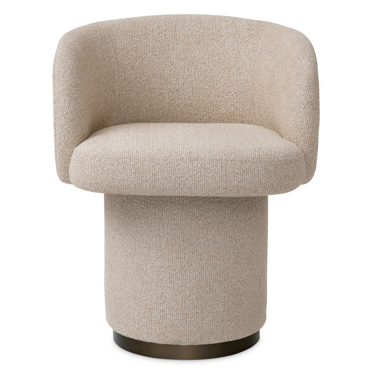 A stylish dining chair with a luxury beige upholstery and unique silhouette