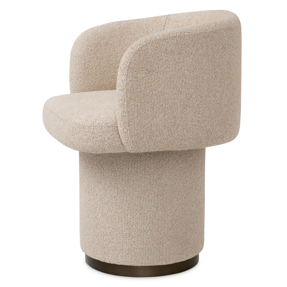 A stylish dining chair with a luxury beige upholstery and unique silhouette