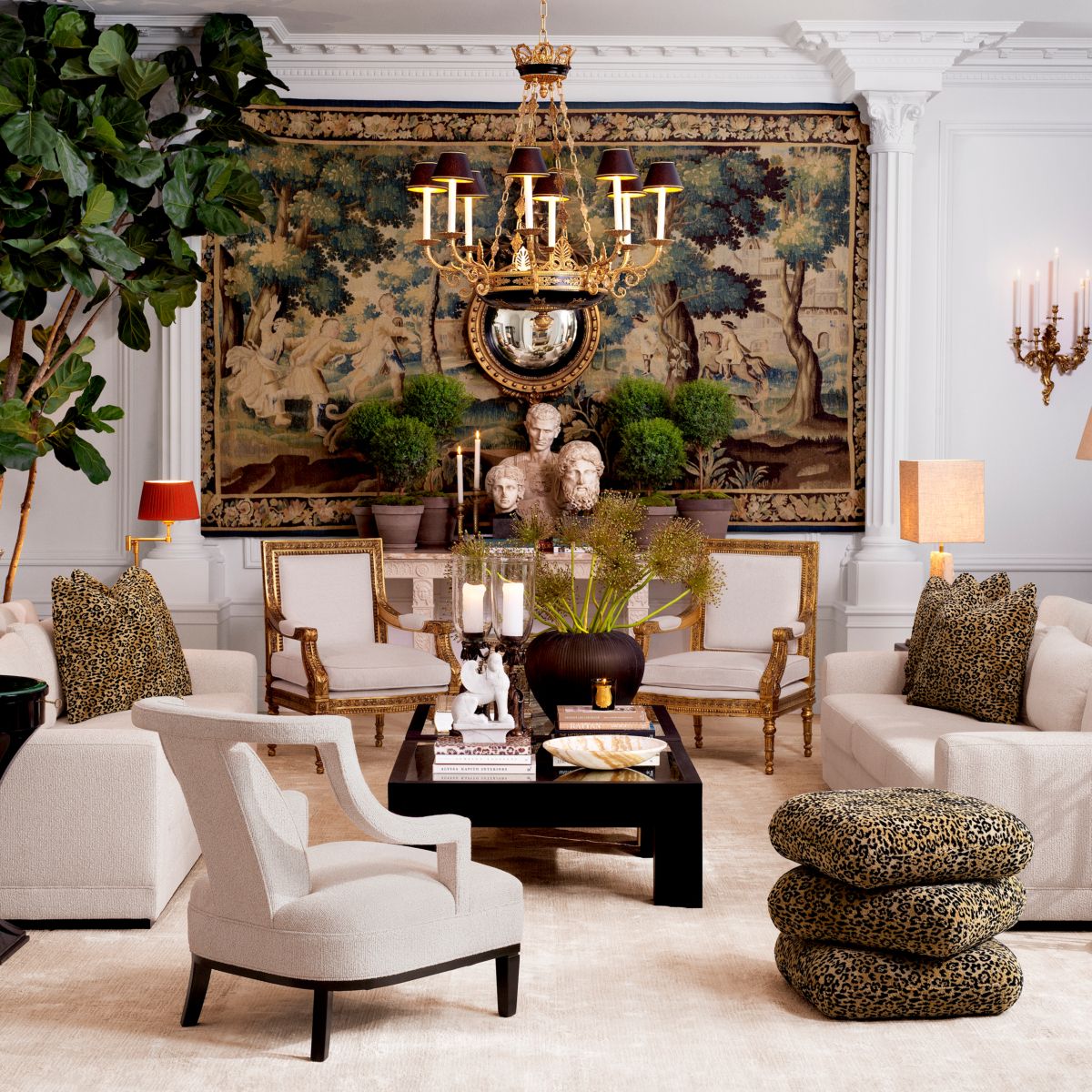 A sumptuous sofa with a luxury beige upholstery