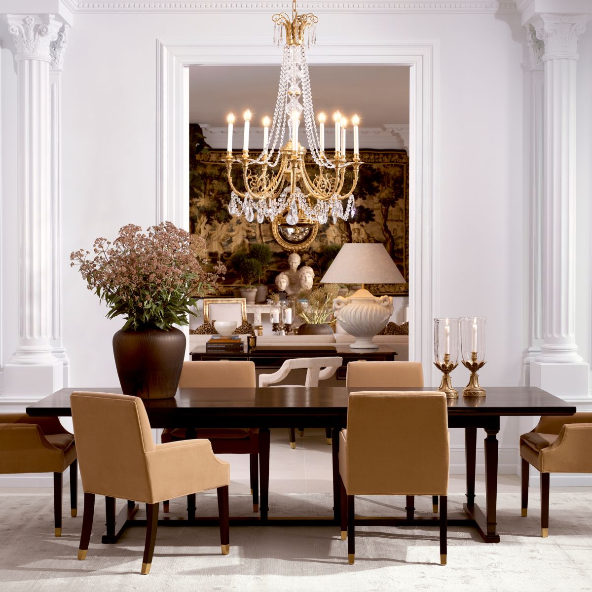 A classic dining chair with a camel velvet upholstery