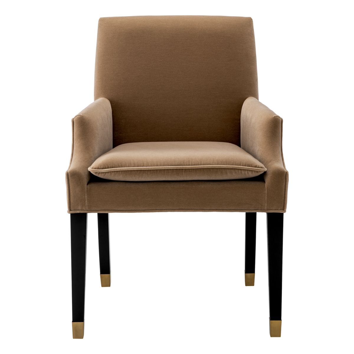 A classic dining chair with a camel velvet upholstery