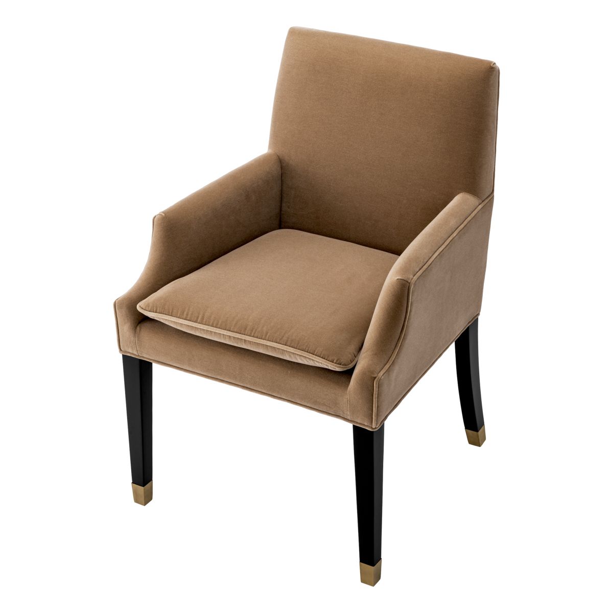 A classic dining chair with a camel velvet upholstery