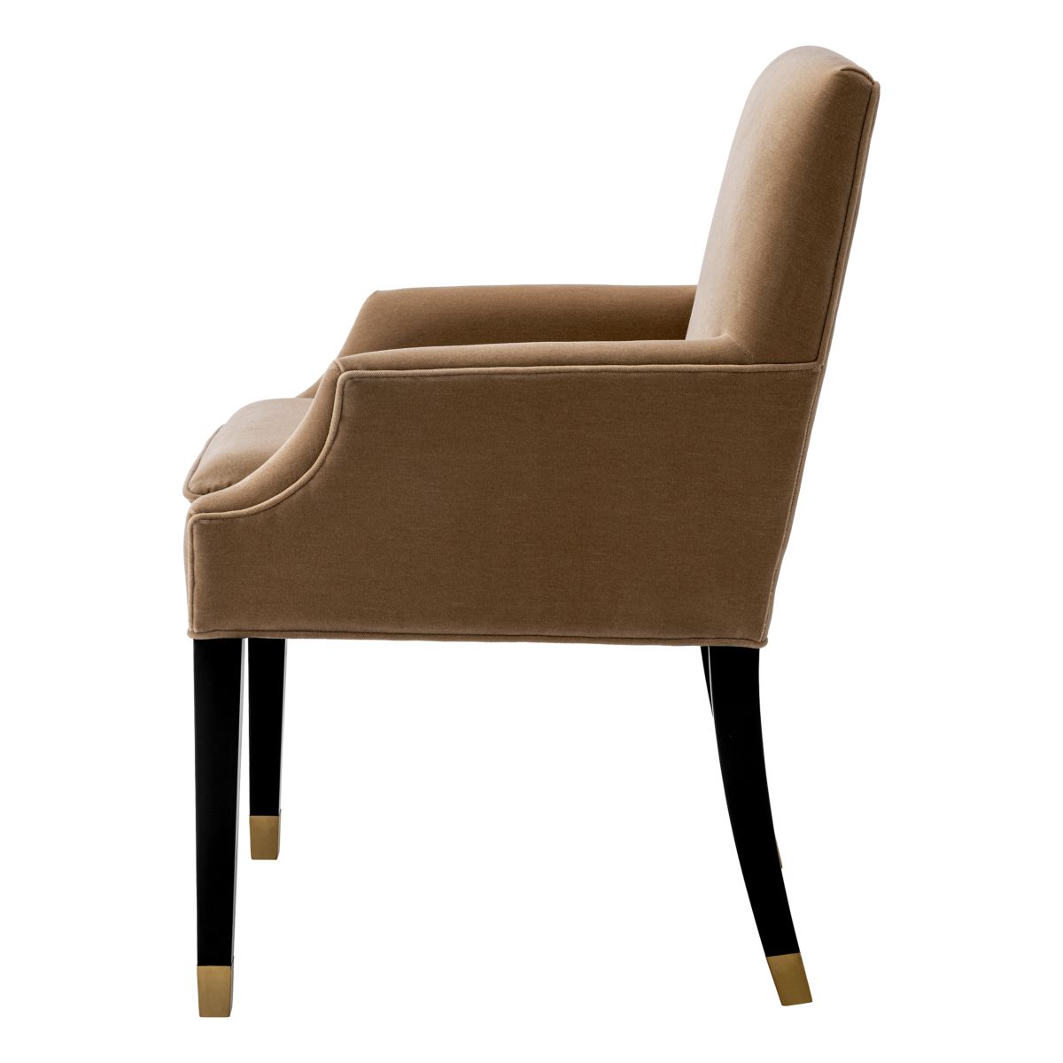 A classic dining chair with a camel velvet upholstery