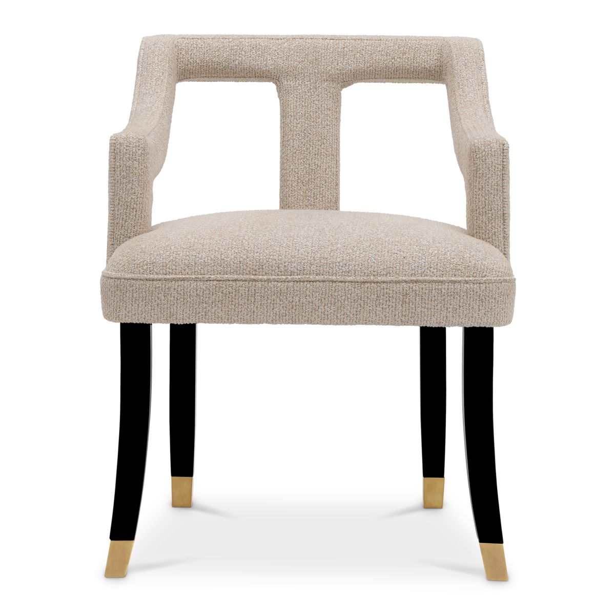 A stylish dining chair with a distinctive silhouette and luxury beige upholstery