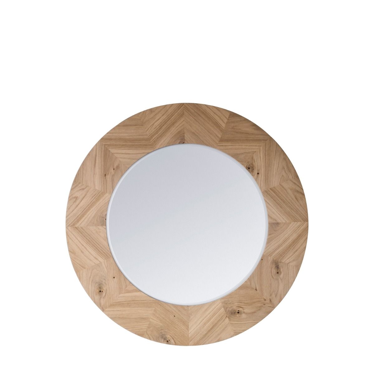 Warm wooden circular mirror with chevron design