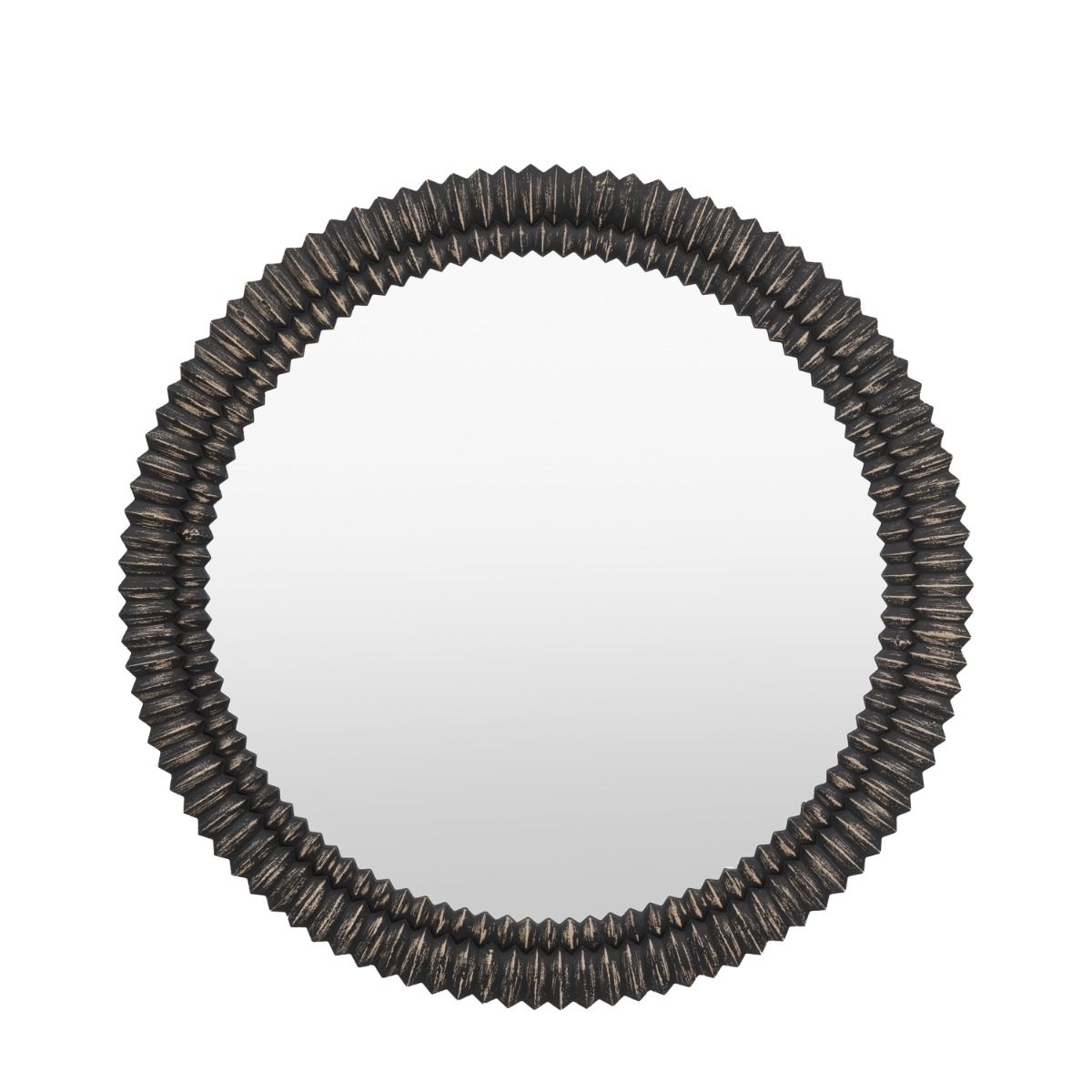 Black washed round mirror with intricate etching