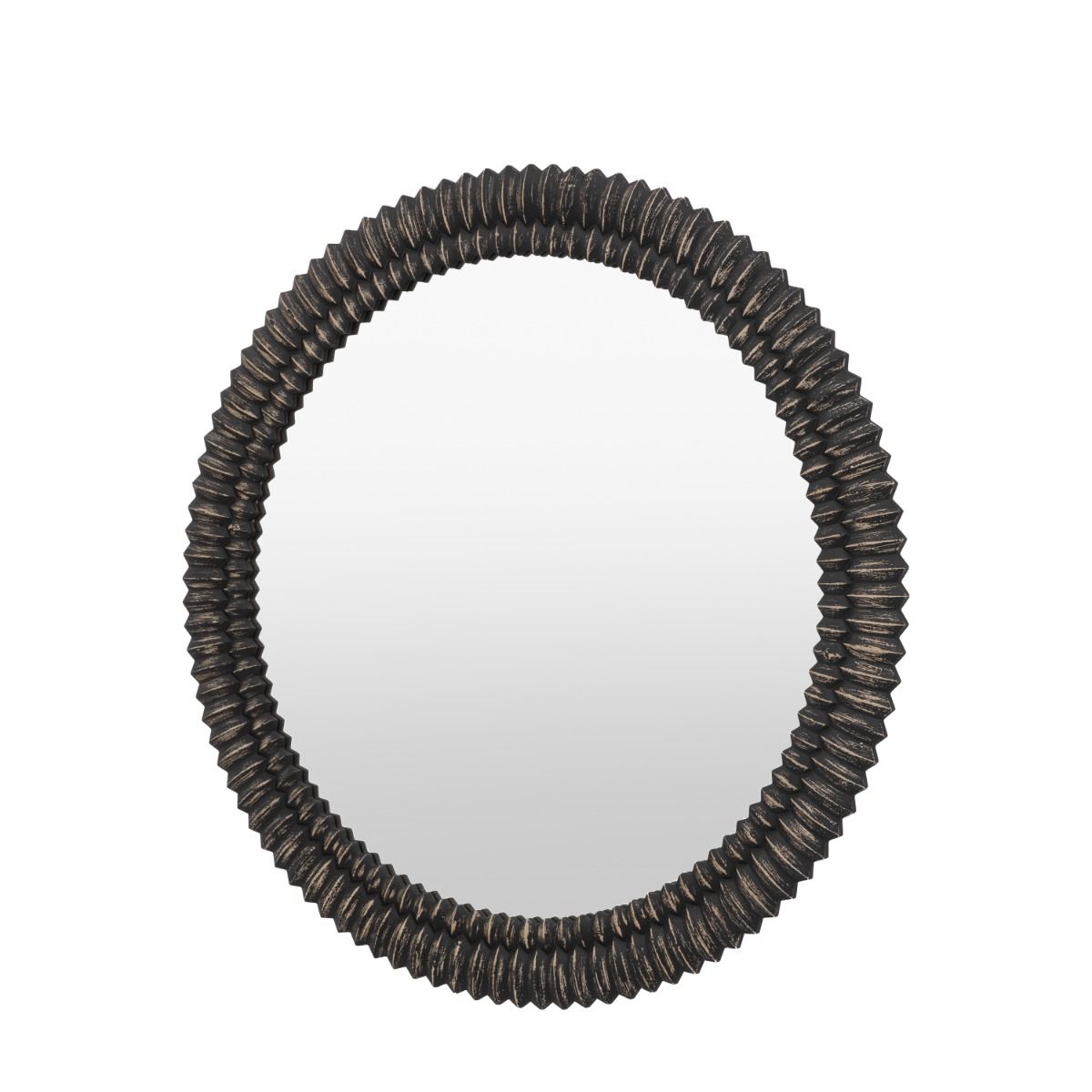 Black washed round mirror with intricate etching