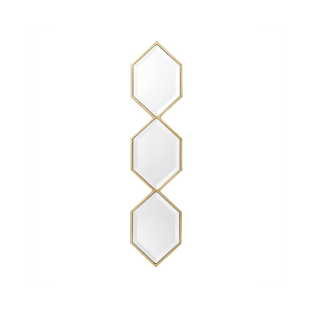 A glamorous wall mirror by Eichholtz with three hexagonal bevelled mirrors and a gold finish 