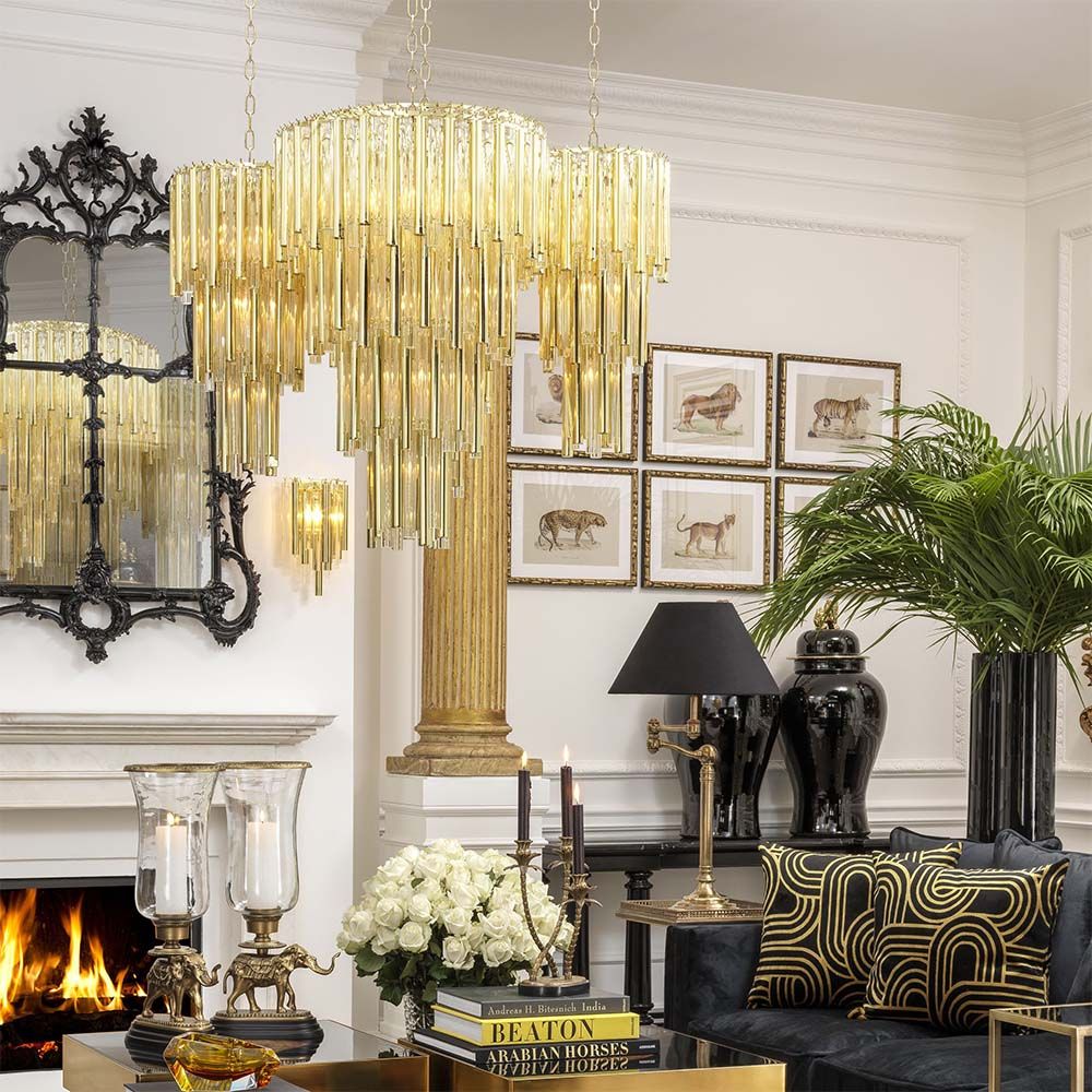 Glamorous gold glass droplet 4 tier chandelier