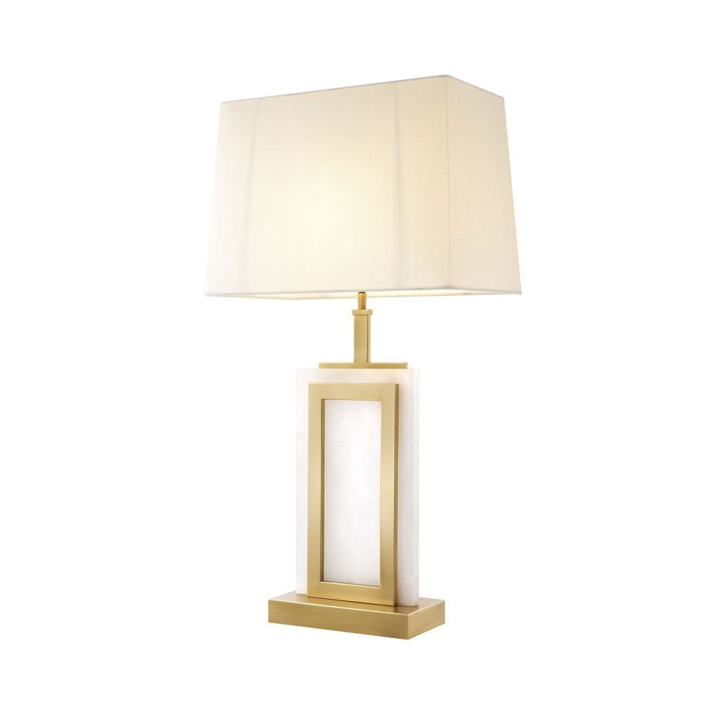 An elegant alabaster and matte brass table lamp with white shade 