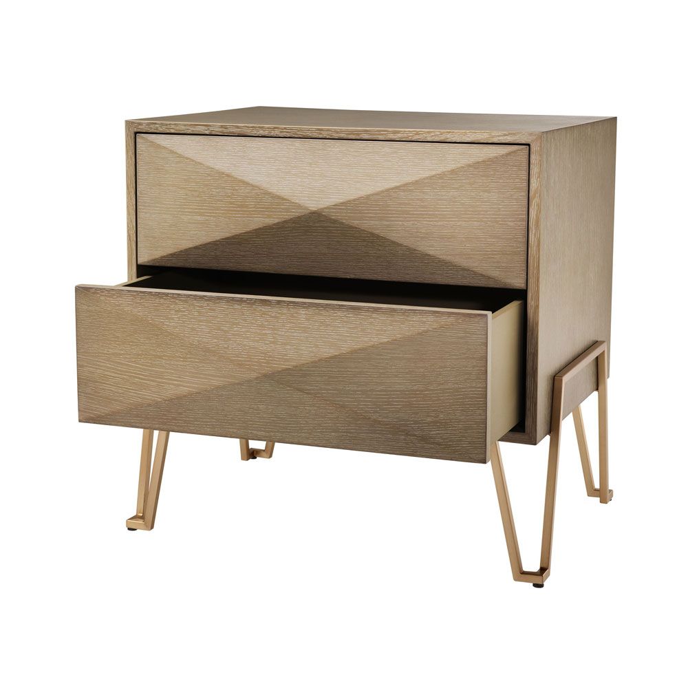 A stunning washed oak bedside table with brushed brass metal legs