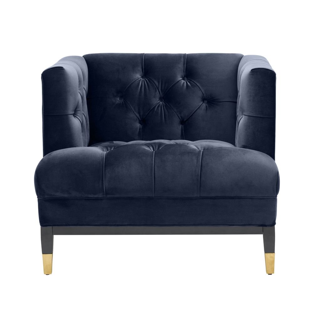 blue velvet armchair with deep-buttoning and black & brass legs 