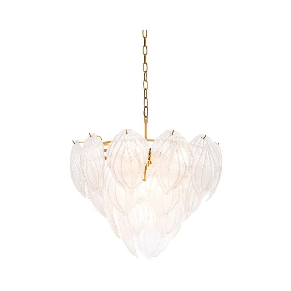 Antique brass chandelier with frosted glass petal design