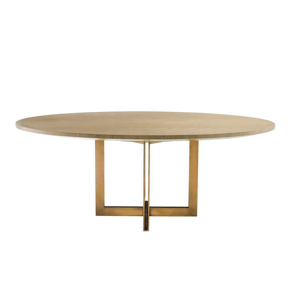 washed oak oval table with brushed brass frame 