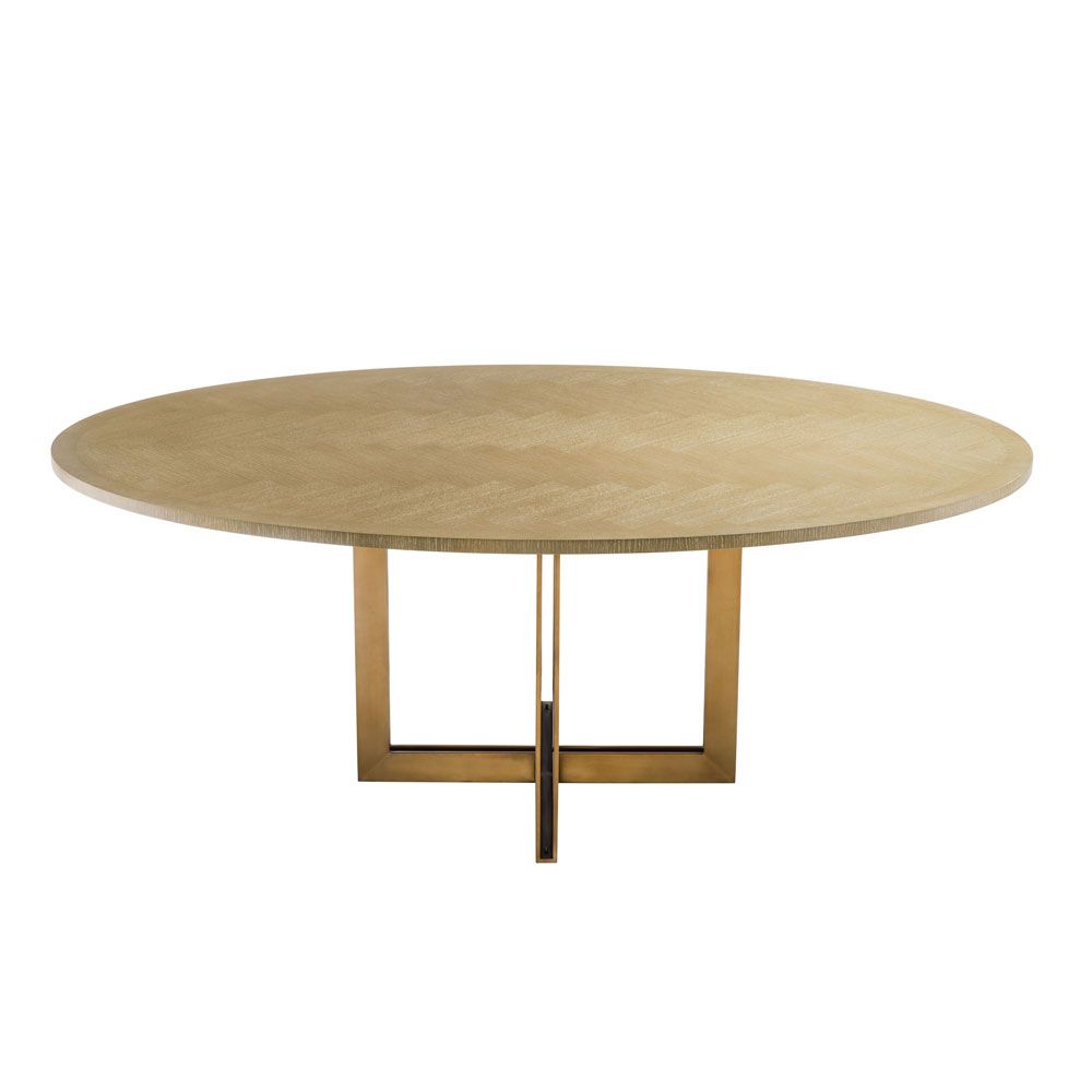 washed oak oval table with brushed brass frame 