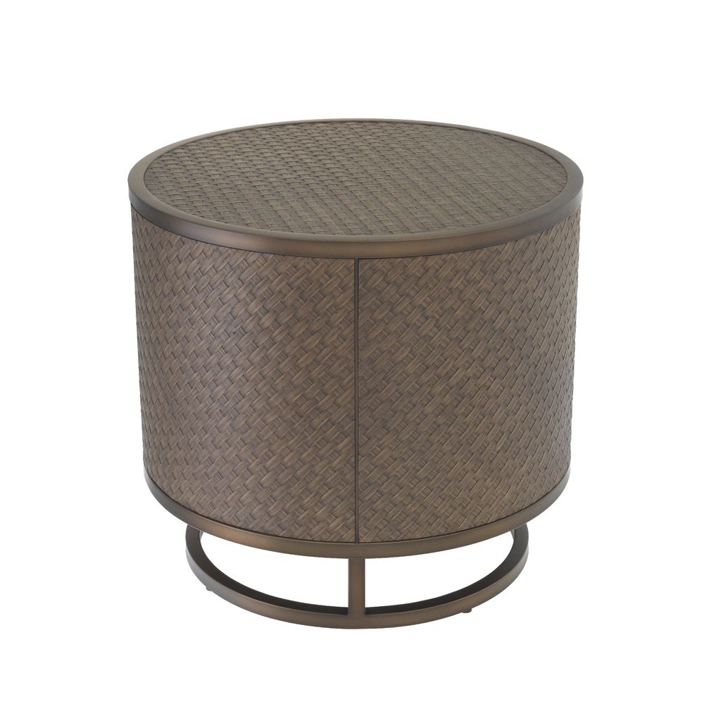 A stylish dark oak side table with a bronze frame